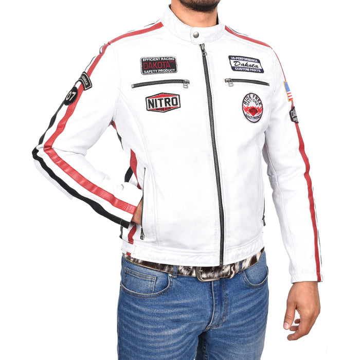 Mens Real Leather Motorsport Racing Style Badges Vintage White Striveo