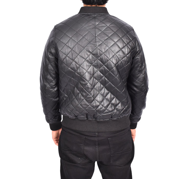 Men's Real Leather Quilted Bomber Jacket Black Raulin