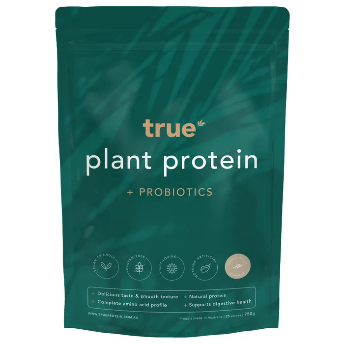 True plant protein + probiotics powder pouch by True, teal resealable 750g bag (25 serves) – vegan, gluten‑free, natural protein with complete amino acid profile, supports digestive health, French vanilla flavour, proudly made in Australia.