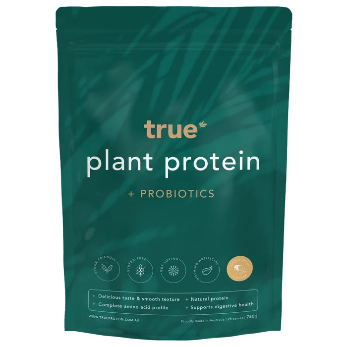 True plant protein + probiotics banana bread flavour 750g resealable teal pouch — True brand plant-based protein powder, vegan, gluten-free, natural protein, supports digestive health, made in Australia.