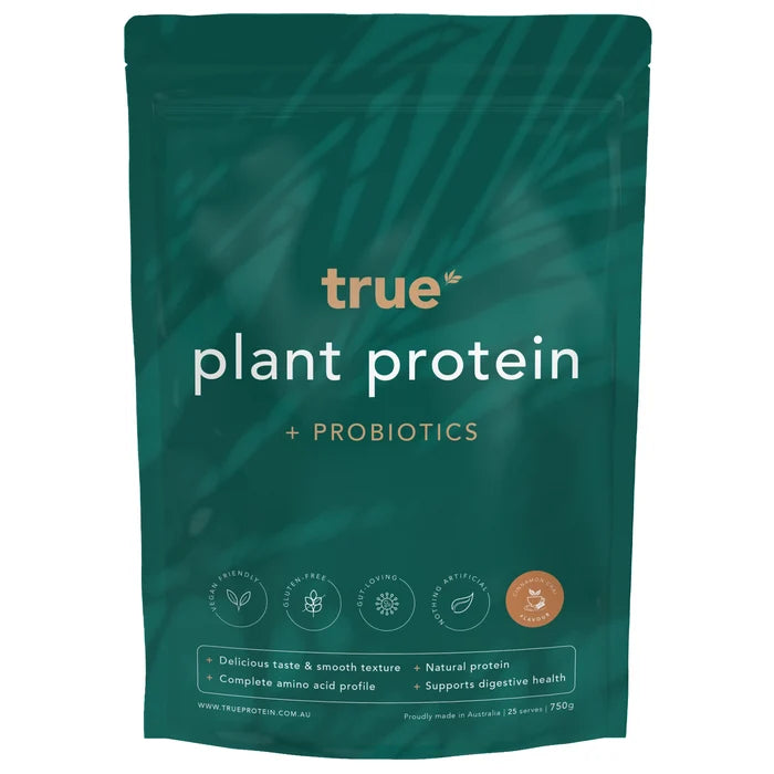 True plant protein + probiotics powder pouch, True brand green resealable bag, Cinnamon Chai flavour, vegan gluten‑free natural protein, 750g — proudly made in Australia.