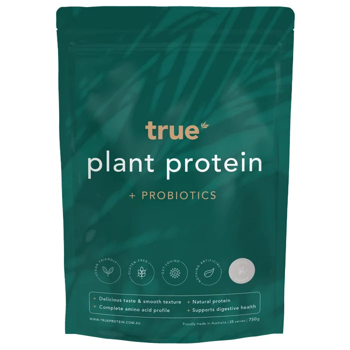 True Plant Protein + Probiotics pouch, 750g vegan gluten-free plant-based protein powder, natural flavour, supports digestive health, made in Australia.