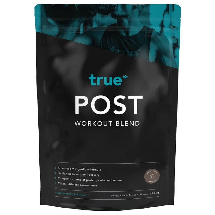 True Post Workout Blend pouch – black resealable 1.6kg protein recovery powder bag, Coffee Mocha flavour, True Protein branding, Australian-made post-workout supplement, sports nutrition packaging (front view)