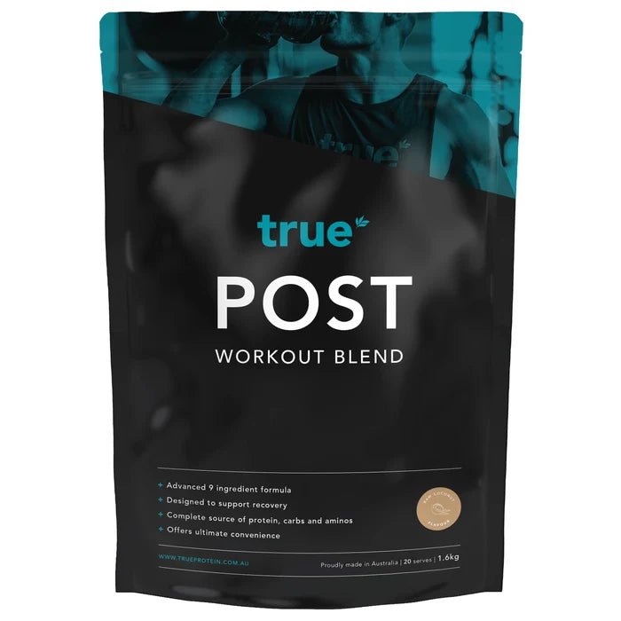 True Protein POST Workout Blend resealable black pouch, 1.6kg Raw Coconut flavour, recovery protein-carb-amino formula, made in Australia.