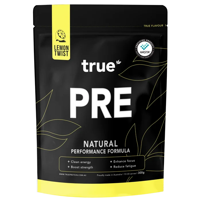 True Protein PRE natural performance pre-workout pouch, Lemon Twist flavor, 300g black resealable bag, clean energy, focus and strength boost, proudly made in Australia