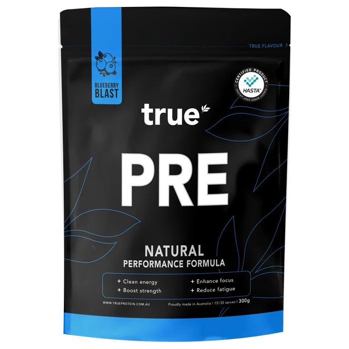 True PRE natural performance formula pre-workout powder blueberry blast 300g pouch by True Protein, HASTA certified, black resealable bag, made in Australia — clean energy, boost strength, enhance focus.