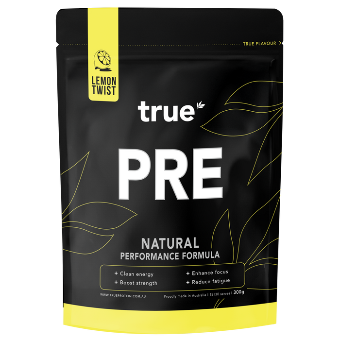 True PRE natural performance pre-workout powder pouch, Lemon Twist flavour, 300g, True Protein Australian-made packaging