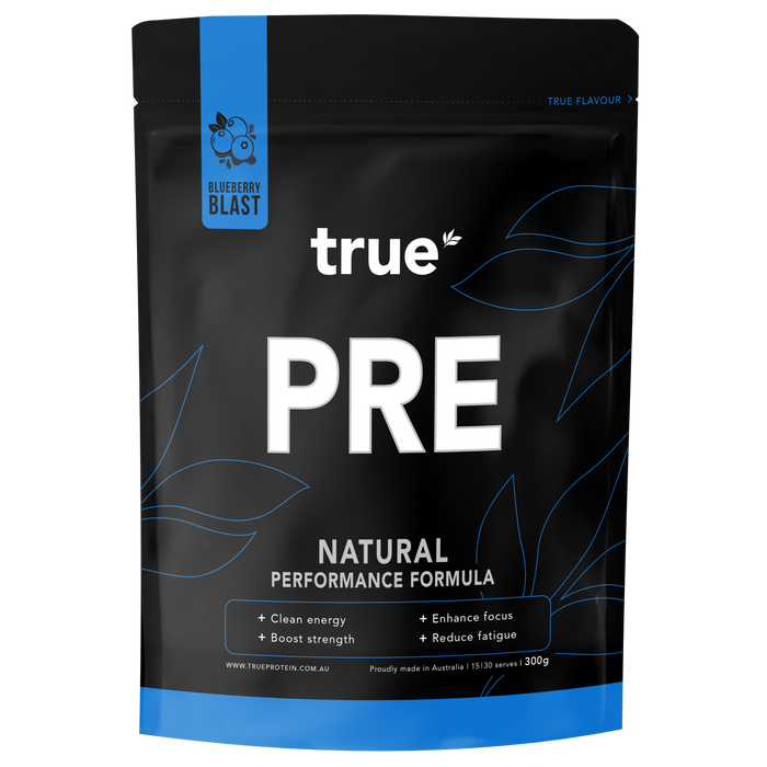 True Protein PRE pre-workout powder pouch, Blueberry Blast flavor, 300g natural performance formula, black resealable bag with blue accents — made in Australia.