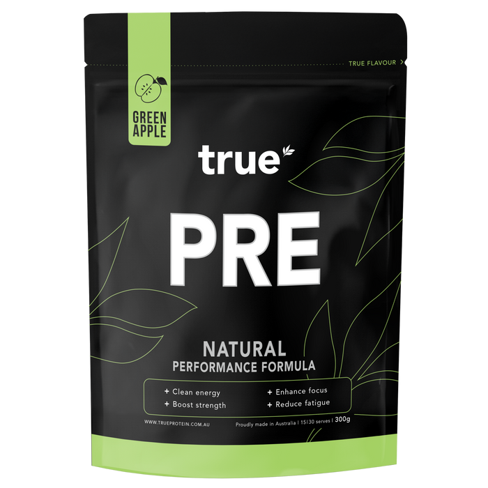 True PRE natural performance formula pre-workout powder — Green Apple flavour 300g pouch by True Protein, made in Australia