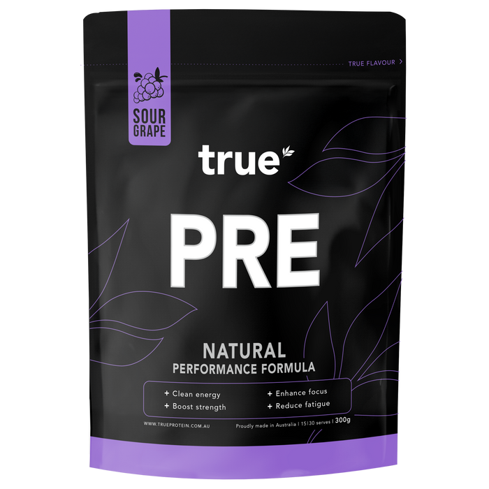 True PRE pre-workout powder pouch by True Protein — sour grape flavour, natural performance formula, 300g black and purple resealable bag, made in Australia