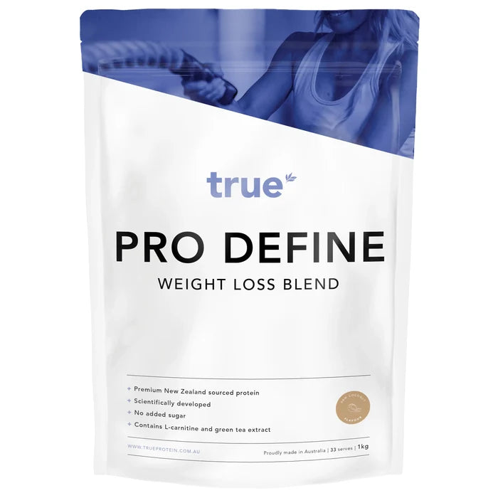True Pro Define weight loss blend protein powder pouch, 1kg coconut flavour, white and blue resealable bag — Australian-made premium New Zealand sourced protein, TrueProtein.com.au.