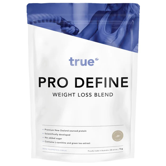 True Pro Define weight loss blend 1kg resealable pouch — white packaging with blue header, French vanilla flavour, premium New Zealand‑sourced protein, no added sugar, contains L‑carnitine & green tea extract, proudly made in Australia.