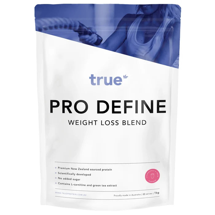 True Pro Define weight loss blend 1kg pouch — True protein powder, strawberry & cream flavour, premium New Zealand–sourced protein, no added sugar, contains L‑carnitine and green tea extract, proudly made in Australia