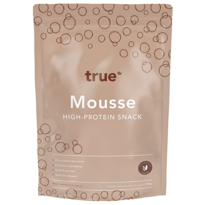 True Mousse high-protein snack pouch, rich chocolate flavour, 150g resealable pack by True Protein — premium high-protein dessert made in Australia.