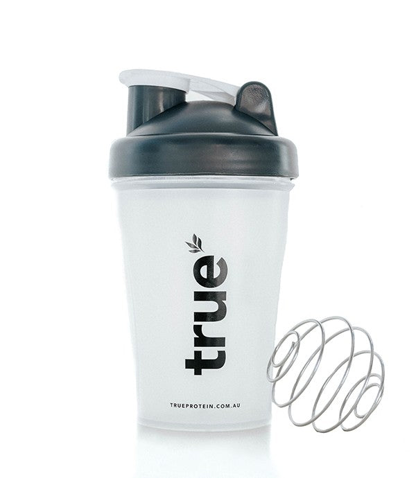 True Protein white "Granite" shaker bottle with black flip lid and stainless-steel mixing ball — protein shaker (TrueProtein Australia)