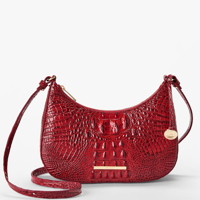 Volcanic Red Melbourne croc textured handbag on a light gray background. Small Stephie front view.