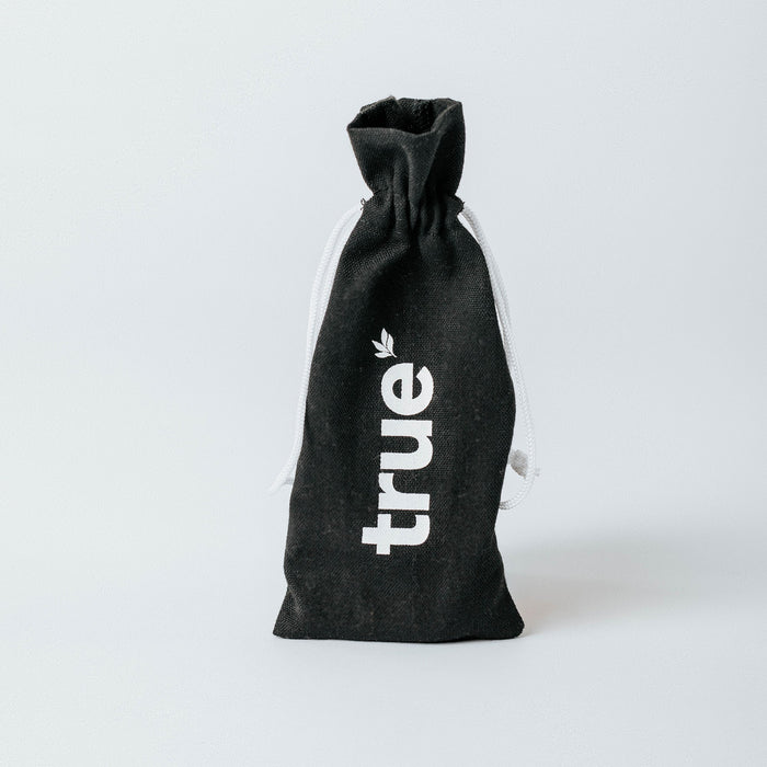 Black cotton drawstring pouch with white "true" logo — small scoop set storage bag product photo on white studio background