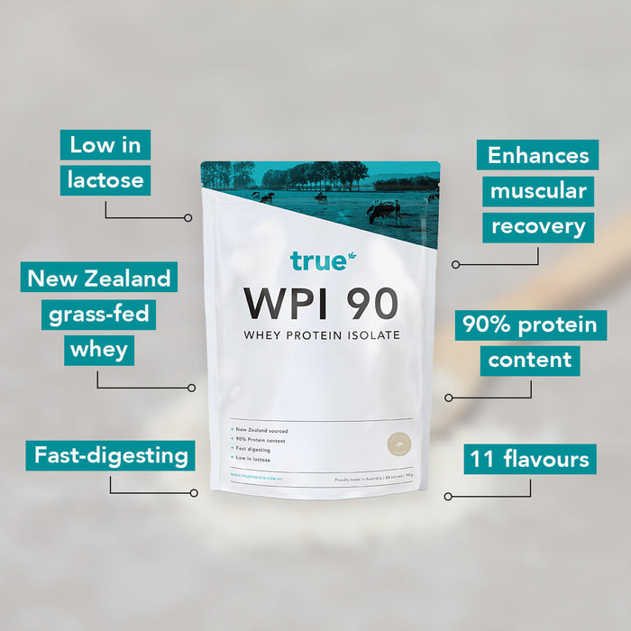 True WPI 90 whey protein isolate pouch by True, white and teal packaging, New Zealand grass-fed whey, 90% protein content, low in lactose, fast-digesting, enhances muscular recovery, available in 11 flavours — made in Australia.