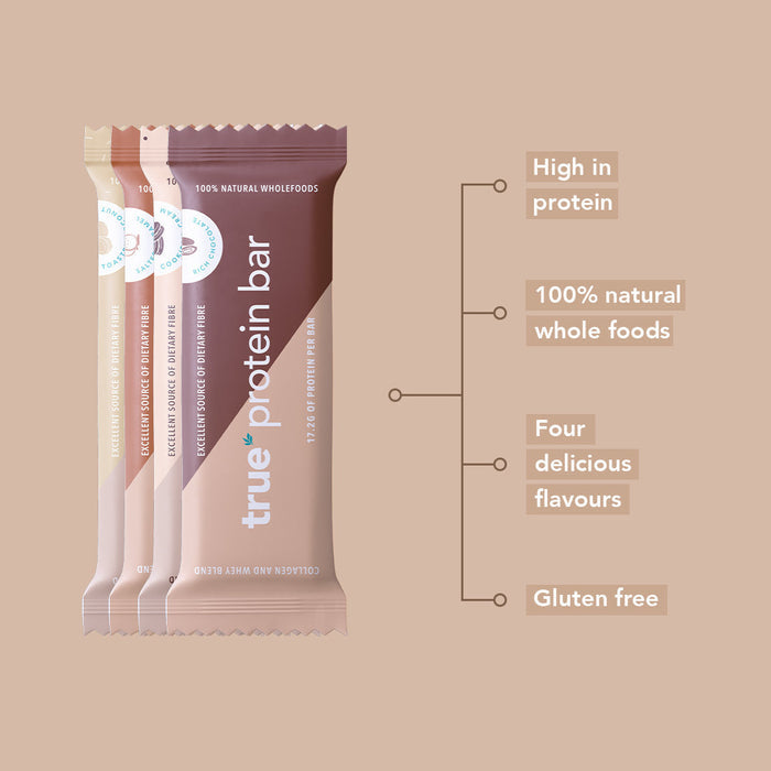 Stack of four True Protein bars in pastel wrappers on beige background with infographic callouts: "High in protein," "100% natural whole foods," "Four delicious flavours," and "Gluten free" — healthy protein snack bar packaging for fitness and clean eating.