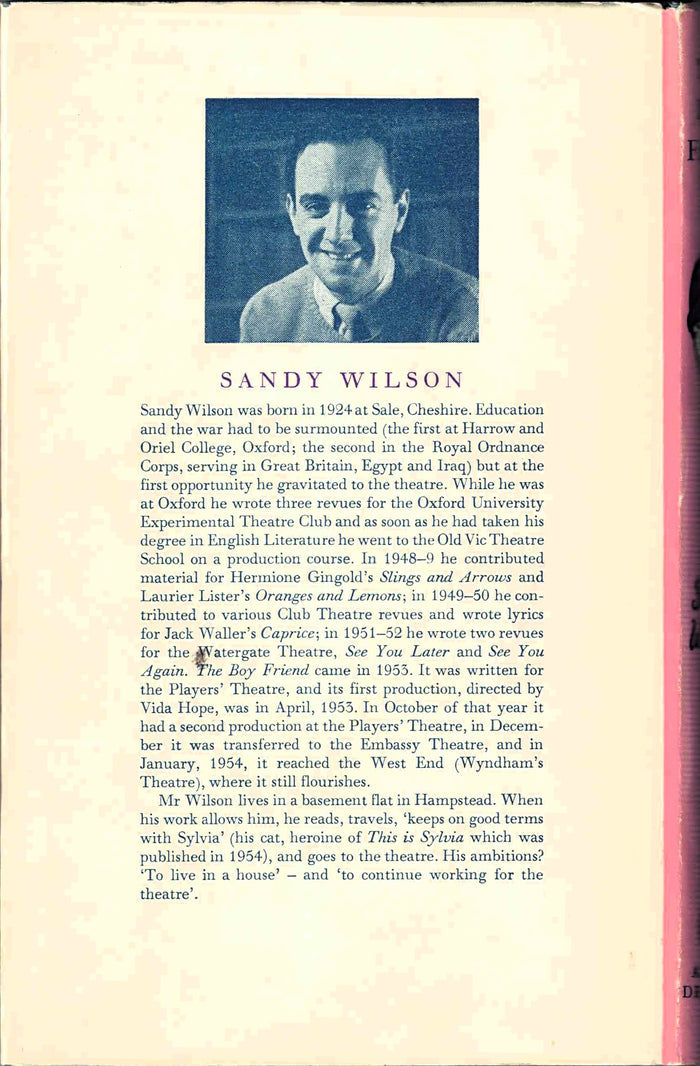 Book cover of 'The Boy Friend' by Sandy Wilson, with a black and white photograph and biography of the author.