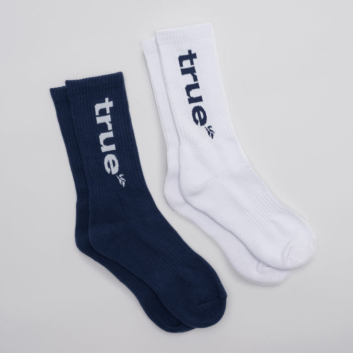 Navy and white crew athletic socks (one pair navy, one pair white) with “true” logo on the calf, ribbed cotton-blend casual socks for men/women.