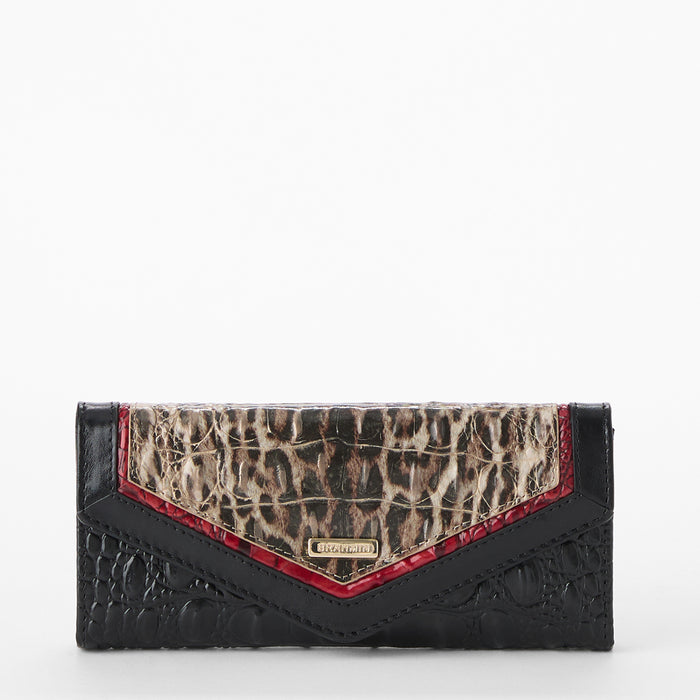Brahmin wallet with leopard print and black and red leather accents on a white background. Veronica front view.