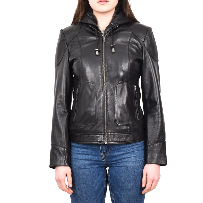 DR266 Women’s Black Leather Biker Style Jacket With Removable Hood 1