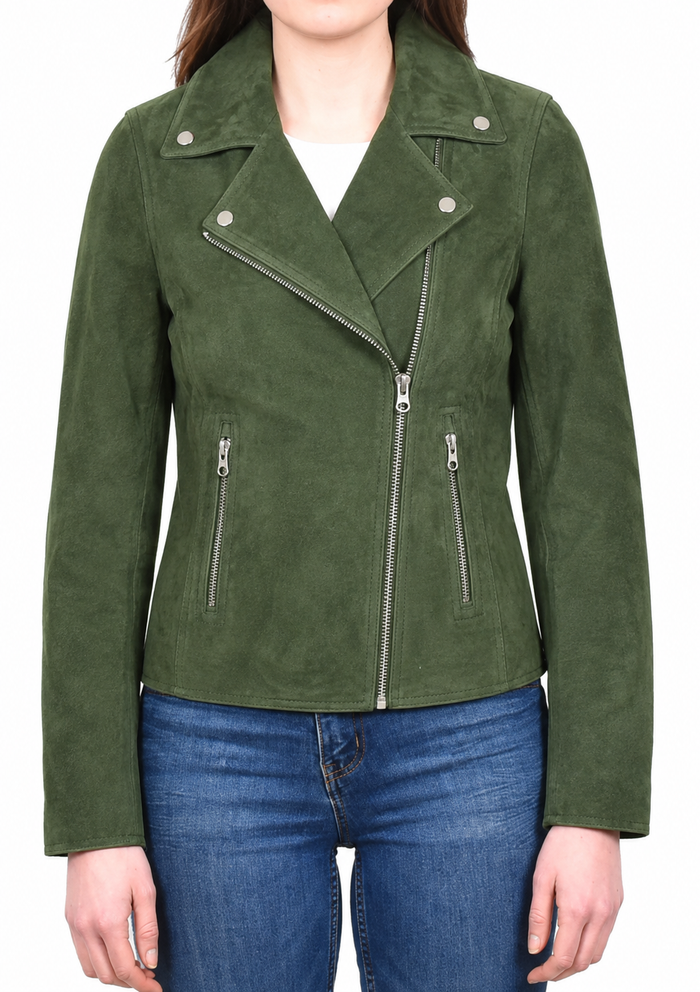 Women's Casual Smart Biker Real Suede Jacket Stella Green Suede