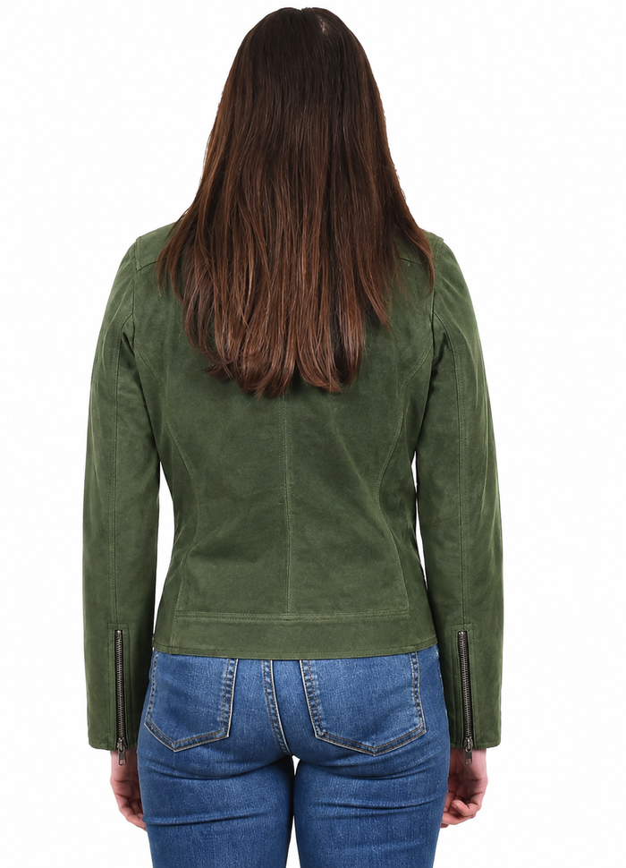 Women's Casual Smart Biker Real Suede Jacket Stella Green Suede