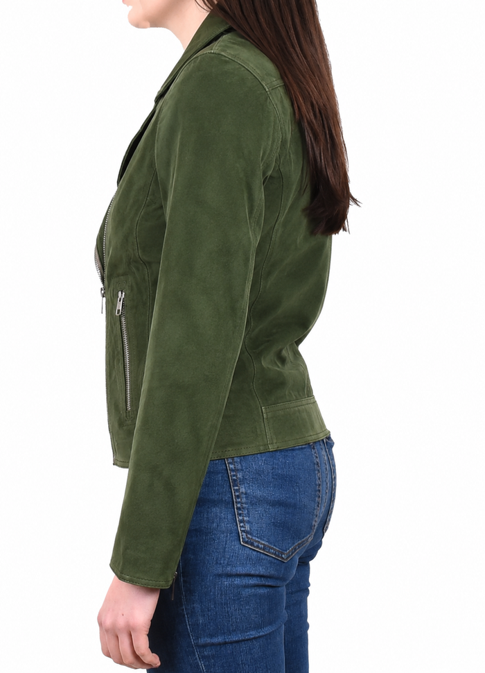 Women's Casual Smart Biker Real Suede Jacket Stella Green Suede
