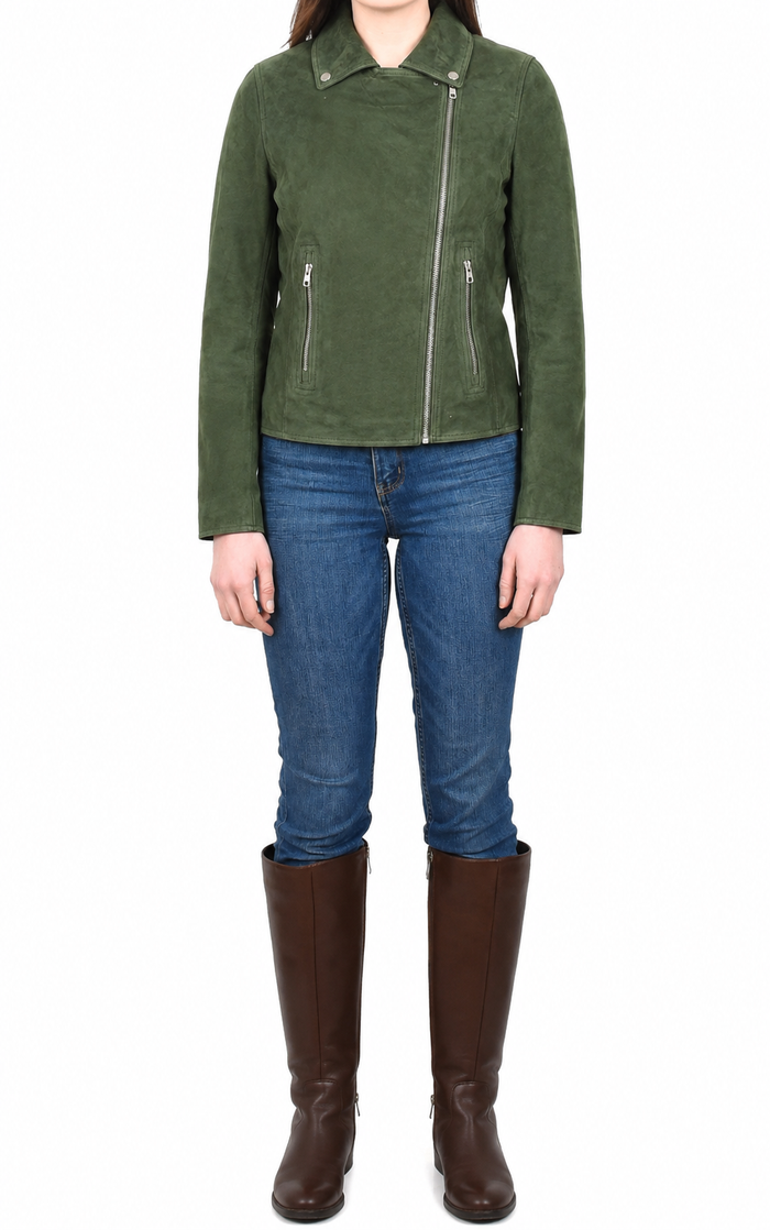 Women's Casual Smart Biker Real Suede Jacket Stella Green Suede