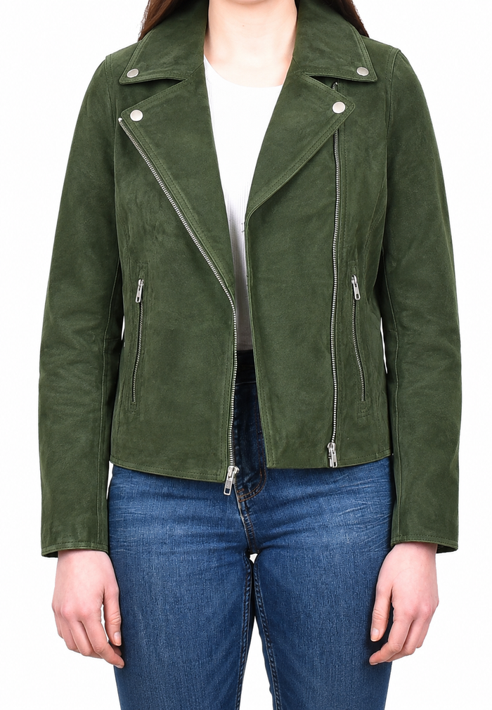 Women's Casual Smart Biker Real Suede Jacket Stella Green Suede
