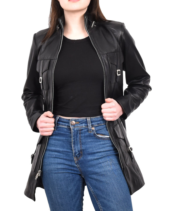 DR566 Women's Leather Jacket With Dual Zip Fastening Black 11