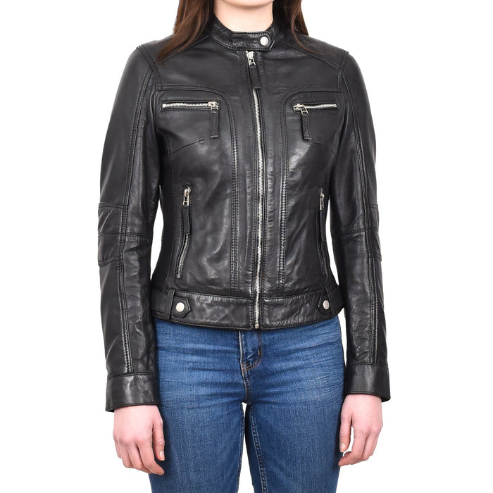 Women's Real Leather Biker Band Collar Design Jacket Black Motonova