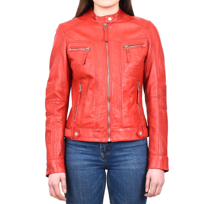 DR245 Women's Real Leather Biker Jacket Red 1