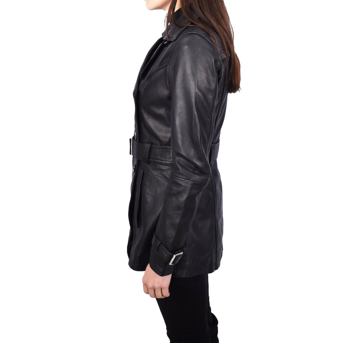 Women's Real Leather Buttoned Coat With Belt Black GlamTrench 3