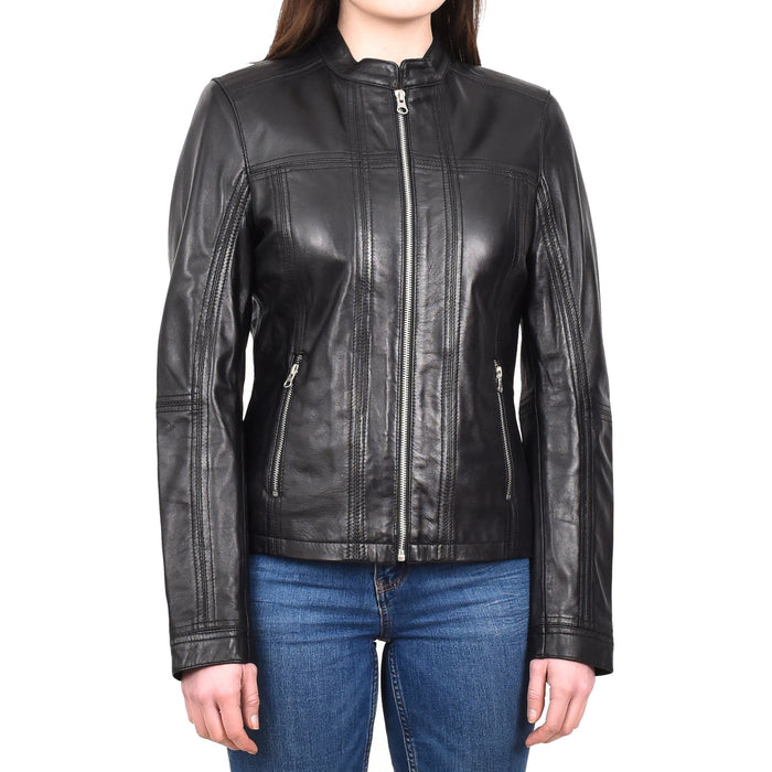 Women's Real Leather Classic Biker Style Jacket Black Motorina