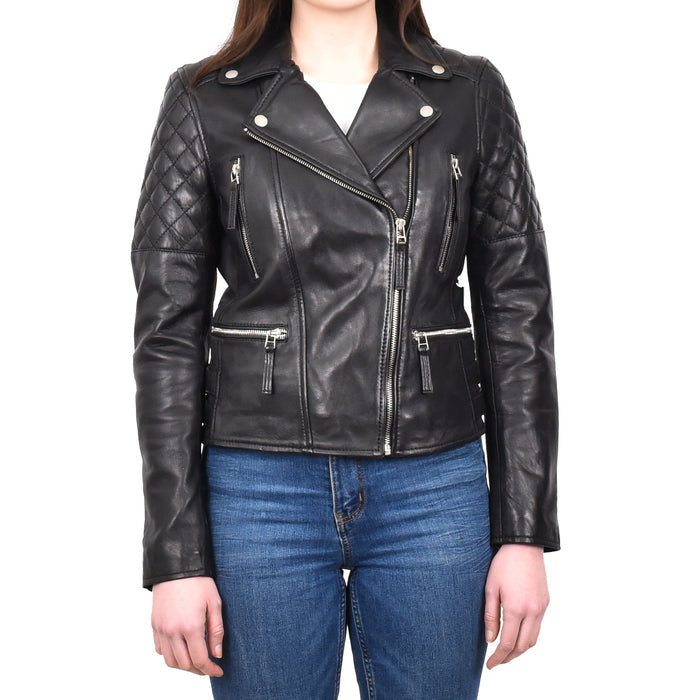Women's Real Leather Cross Zip Biker Style Jacket Black Vintara