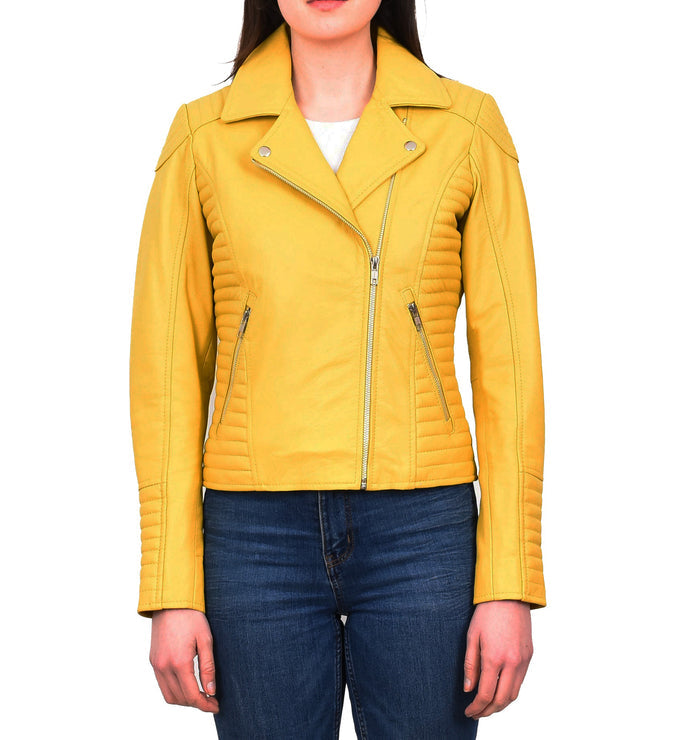 Women's Soft Leather Cross Zip Biker Jacket Yellow Eleganza