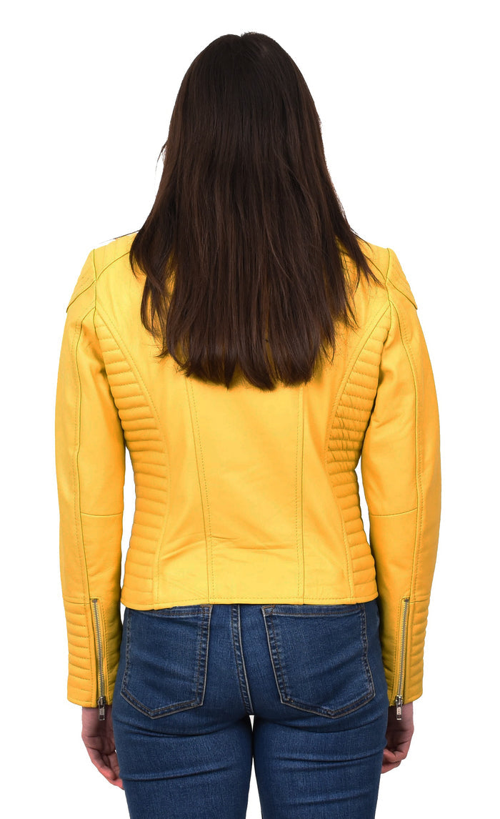 Women's Soft Leather Cross Zip Biker Jacket Yellow Eleganza