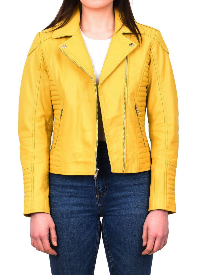 Women's Soft Leather Cross Zip Biker Jacket Yellow Eleganza