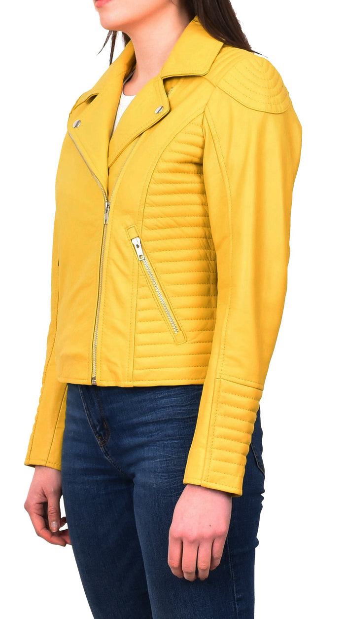 Women's Soft Leather Cross Zip Biker Jacket Yellow Eleganza