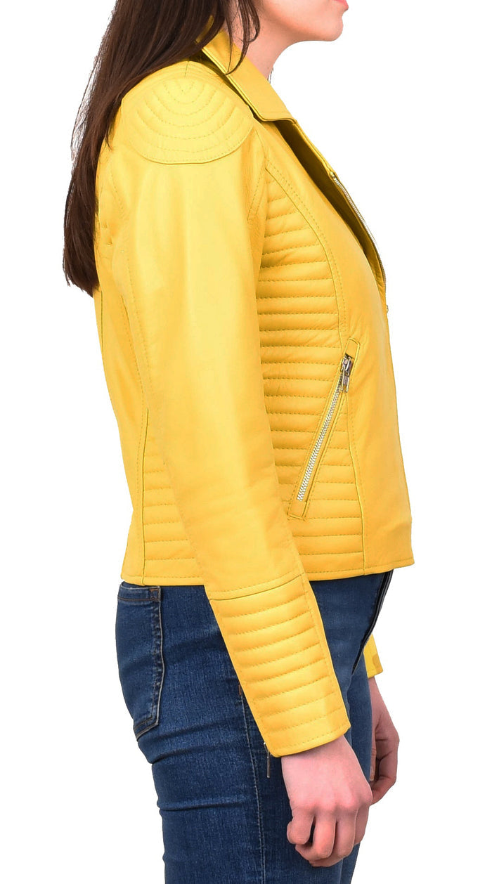 Women's Soft Leather Cross Zip Biker Jacket Yellow Eleganza