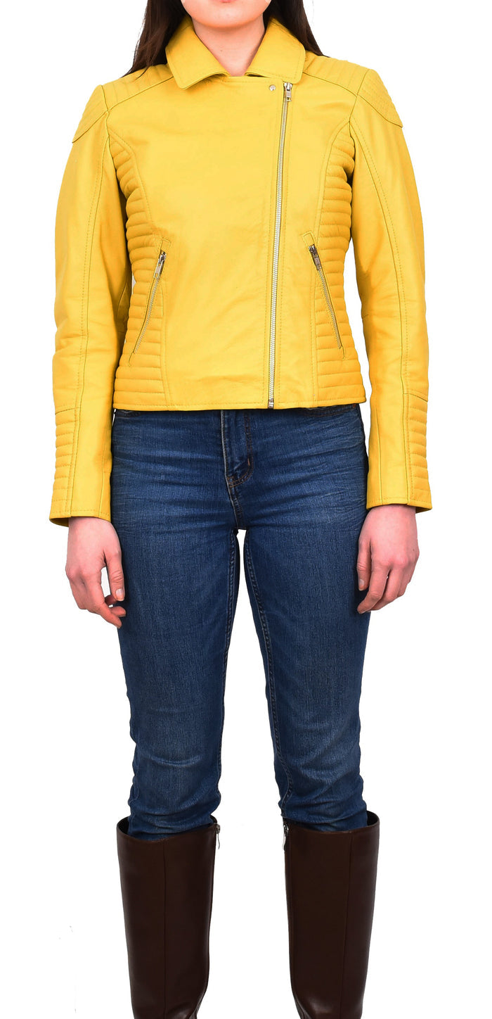 Women's Soft Leather Cross Zip Biker Jacket Yellow Eleganza