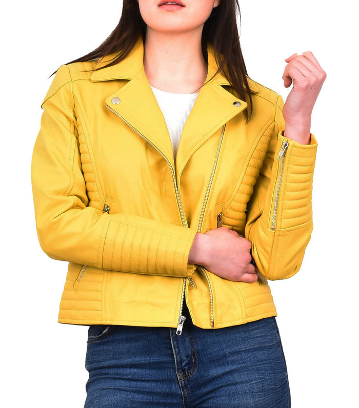 Women's Soft Leather Cross Zip Biker Jacket Yellow Eleganza