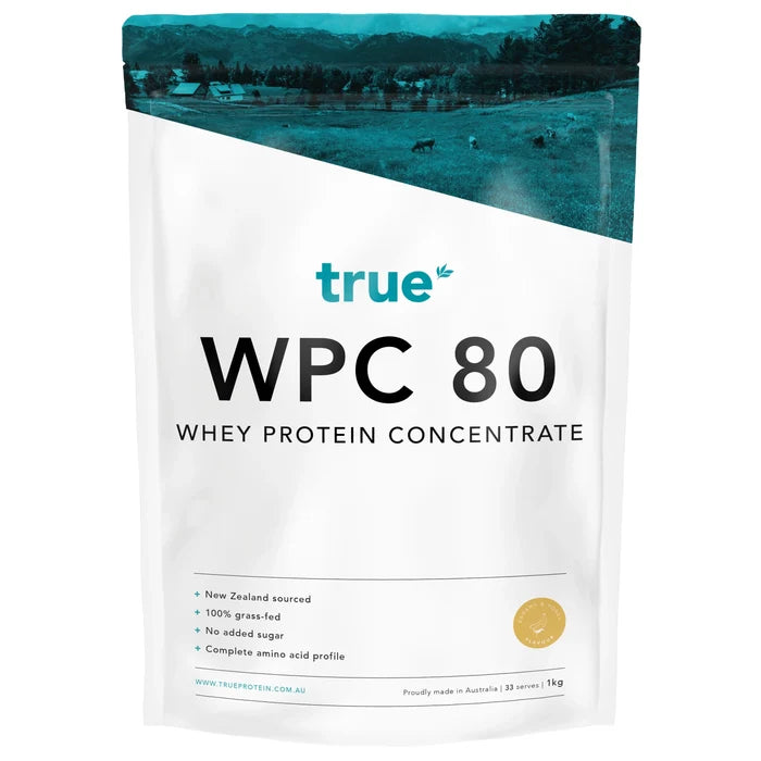 True WPC 80 whey protein concentrate 1kg resealable pouch by True, banana & honey flavour, New Zealand‑sourced whey, proudly made in Australia.