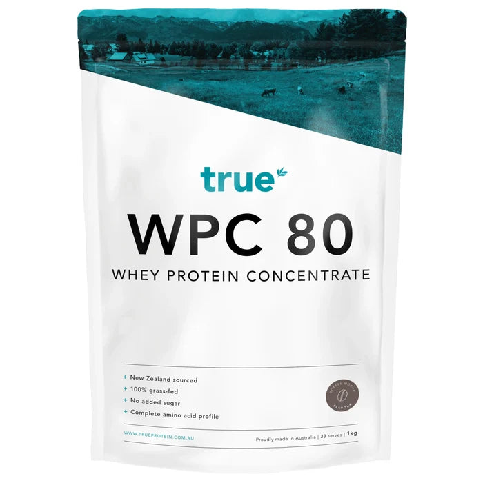 True WPC 80 whey protein concentrate 1kg white resealable pouch — True brand, coffee mocha flavour, 100% grass‑fed, New Zealand sourced, proudly made in Australia