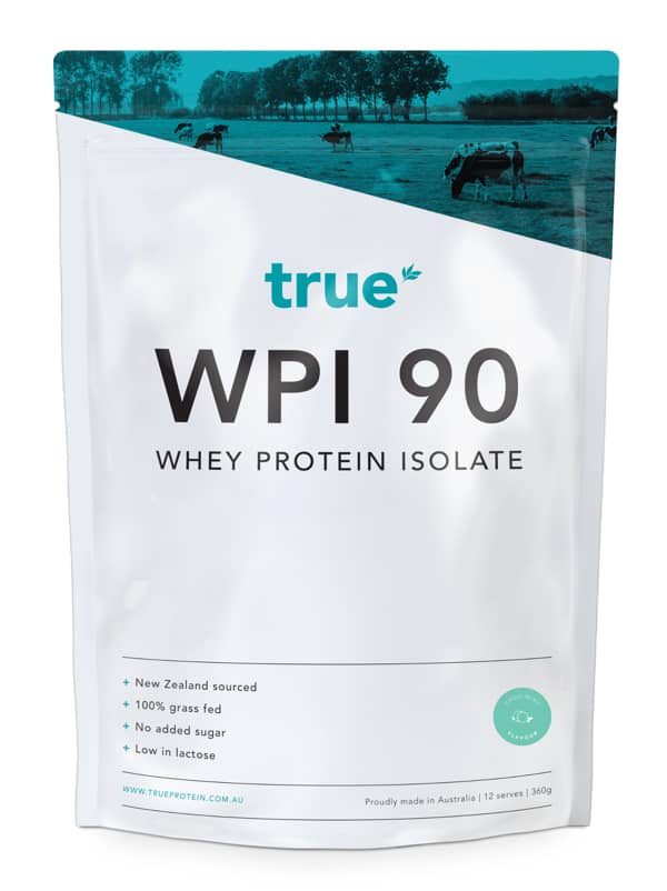 True WPI 90 whey protein isolate pouch, chocolate mint flavor, 360g white and teal packaging with farm image, 100% grass‑fed New Zealand sourced, low lactose, Australian made.